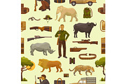 Hunt safari vector hunterman character in Africa with hunting ammunition or hunters equipment rifle shooting and african animals lion elephant wildlife set illustration seamless pattern background