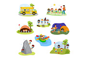 Kids camp vector children camper characters and camping activity on summer vacation illustration set of child playing in tent near campfire in campsite isolated on white background