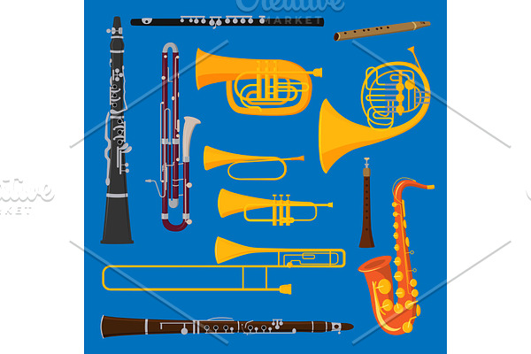 Musical wind air tube brass instruments vector isolated on background blow blare studio acoustic shiny musician brass equipment tube orchestra trumpet sound metal woodwind tool