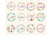 Happy Easter logo quote text flower branch and springtime illustration traditional decoration elements hand-drawn badge lettering greeting Easter celebrate card and natural wreath spring flower