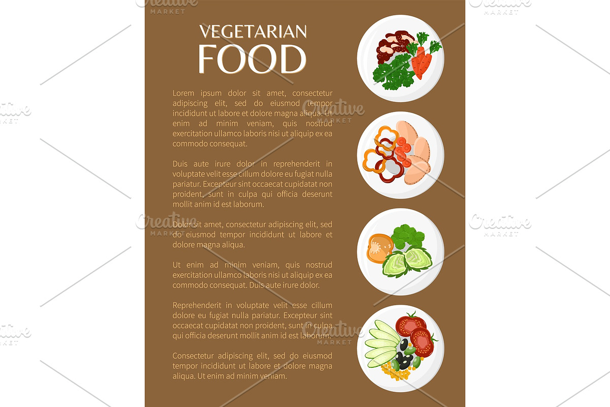 Vegetarian Food, Organic Dishes Set on Plates in Illustrations - product preview 8