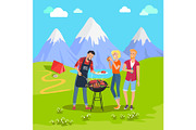 Beautiful Mountain Landscape and Barbecue Party