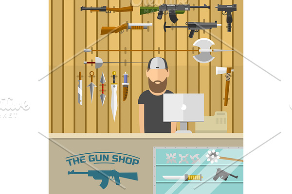 Weapon banner with men choosing gun and shooting at charges vector illustration