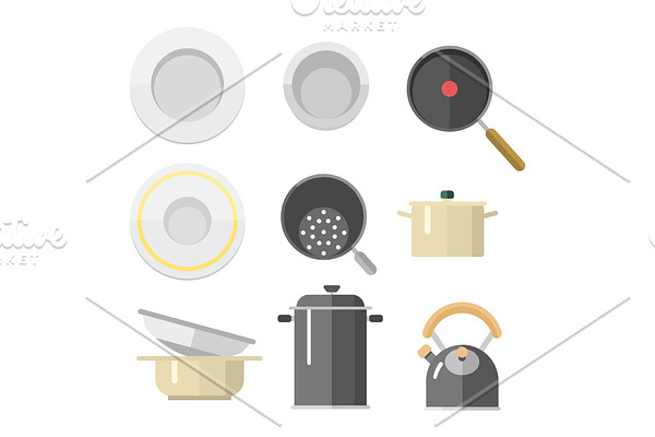 Kitchen dishes vector flat icons isolated household equipment everyday dishes furniture illustration.