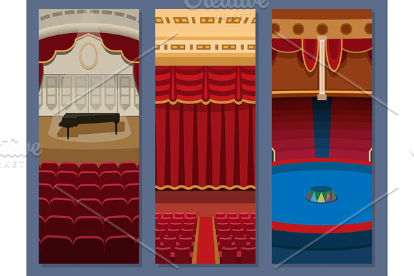 Theater stage with curtains entertainment spotlights theatrical scene interior old opera performance background vector illustration.