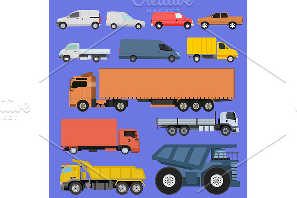 Trucks icons set vector shipping cars vehicles cargo transportation by road. Delivery vehicle car shipping trucks and rail car with forklifts. Flat style icons trailer lorry traffic illustration