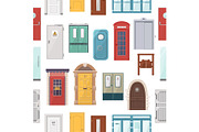 Doors vector set house doorway front entrance to house and building in flat style doorstep decoration elements illustration seamless pattern background