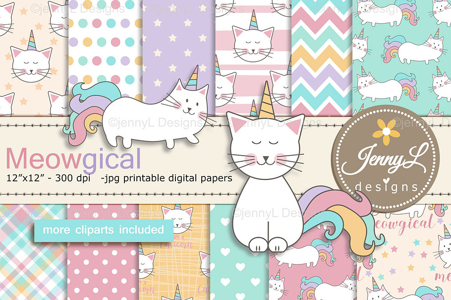 Caticorn Cat Digital Paper & Clipart in Patterns - product preview 8