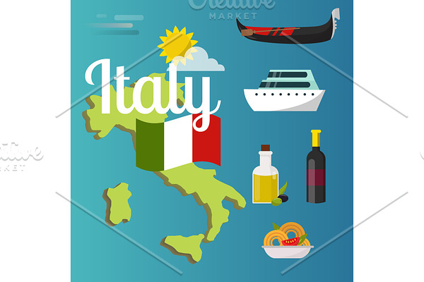Italy travel map vector attraction tourist symbols sightseeing world italian architecture elements illustration.