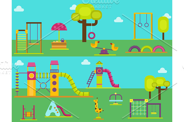 Children playground kindergarten amusement childhood play park activity place recreation swing equipment toy vector illustration