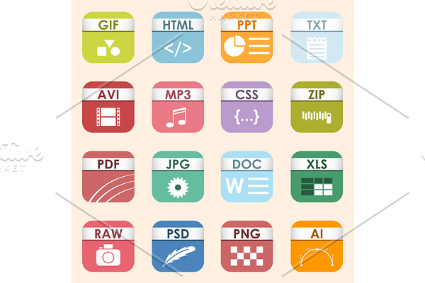 Vector square file types and formats labels icon set. File type format icons presentation document symbol. Audio extension icons graphic multimedia sign application software folder.