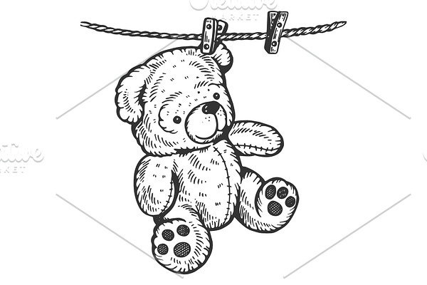 Teddy bear on rope engraving vector illustration