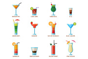 Set of alcoholic cocktails fruit cold drinks tropical cosmopolitan freshness collection and party alcohol sweet tequila vector illustration.