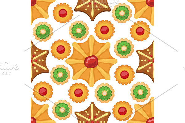 Different cookie cakes seamless pattern background sweet food tasty snack biscuit sweet dessert vector illustration.