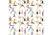 Yoga positions characters class meditation people seamless pattern background concentration human peace lifestyle vector illustration.