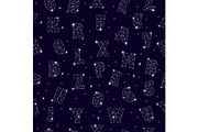 Alphabet ABC seamless pattern vector alphabetical font constellation with letters from stars astromomy alphabetic typography illustration isolated on night background