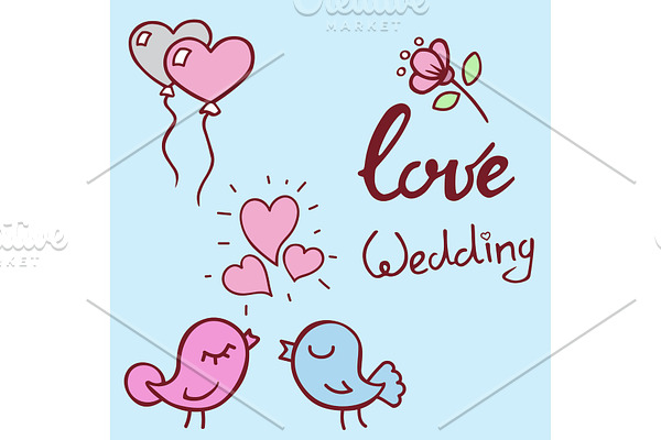 Wedding outline hand drawn icons vector illustration married celebration music groom invitation elements.