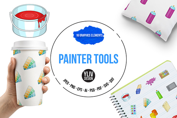 Painter tools icons set, cartoon sty