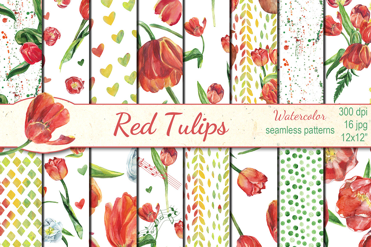 Watercolor Red tulips patterns in Patterns - product preview 8