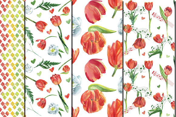 Watercolor Red tulips patterns in Patterns - product preview 4