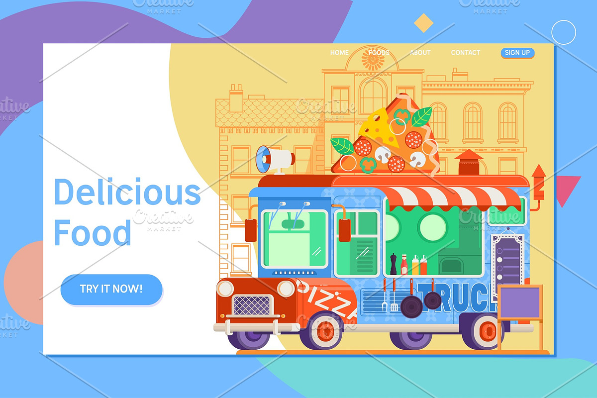 Landing page template of colorful flat pizza truck. Flat vector illustration in Illustrations - product preview 8