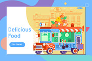 Landing page template of colorful flat pizza truck. Flat vector illustration