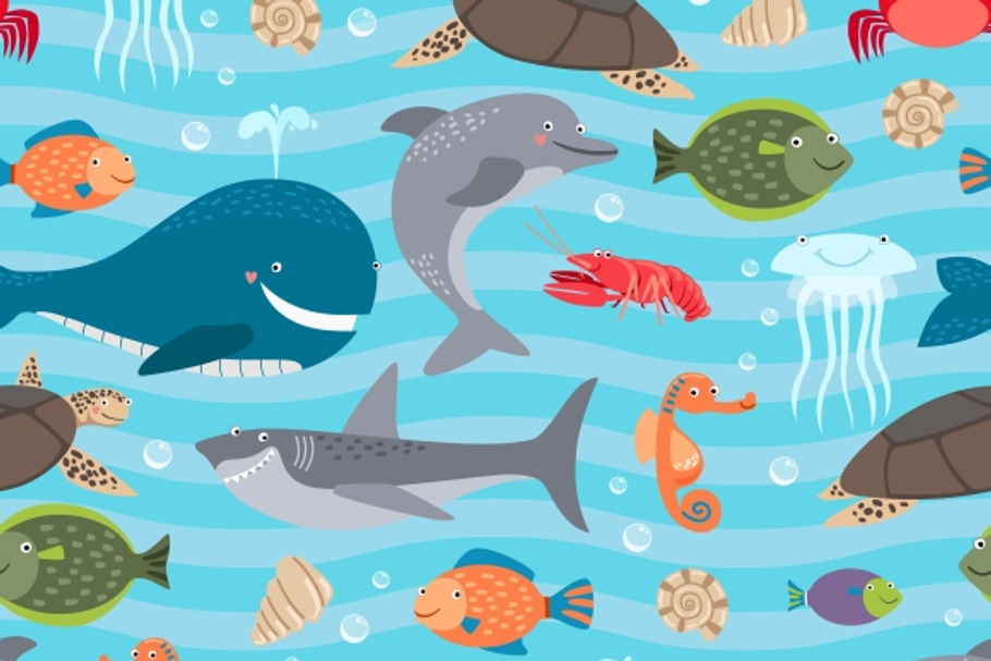 Sea creatures seamless background in Graphics - product preview 8