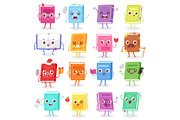 Book character vector cartoon emotion textbook with childish face expression on notebook cover illustration educational set of reading kawaii studing at school isolated on white background