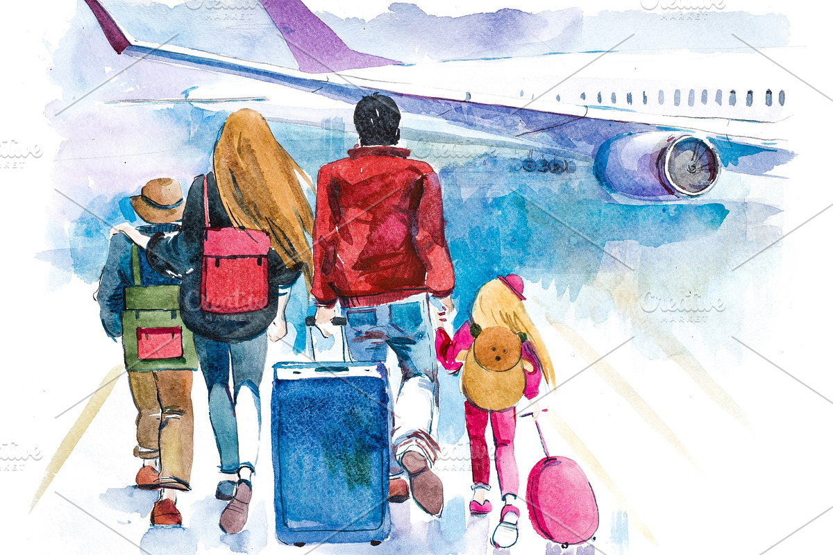 Family going to airplane. Tourists passagers walking in to aircraft at airport in Objects - product preview 8