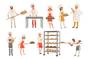 Bakers characters set with bread and cooking tools. Happy people in aprons and hats, young men and women in uniform working in bakery. Vector isolated on white.