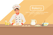 Illustration with man baker character kneading dough on the table with products. Male in uniform, chef s hat and apron at work. Bakery shop background. Flat vector