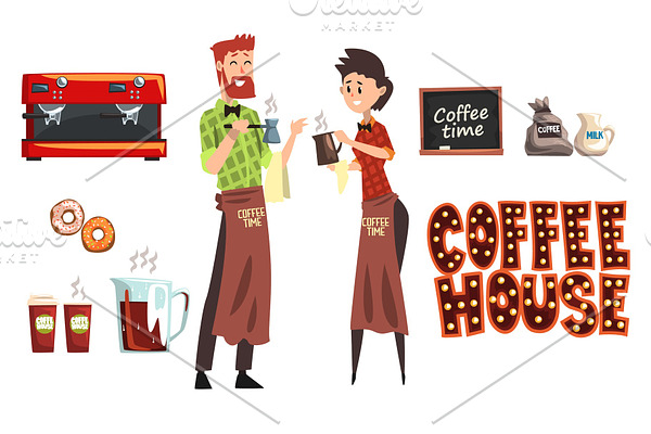 Smiling bearded man with cezve and woman barista with cup. Coffee shop workers wearing plaid shirts and aprons. Coffee maker, milk, donuts, cafe sign. Flat vector