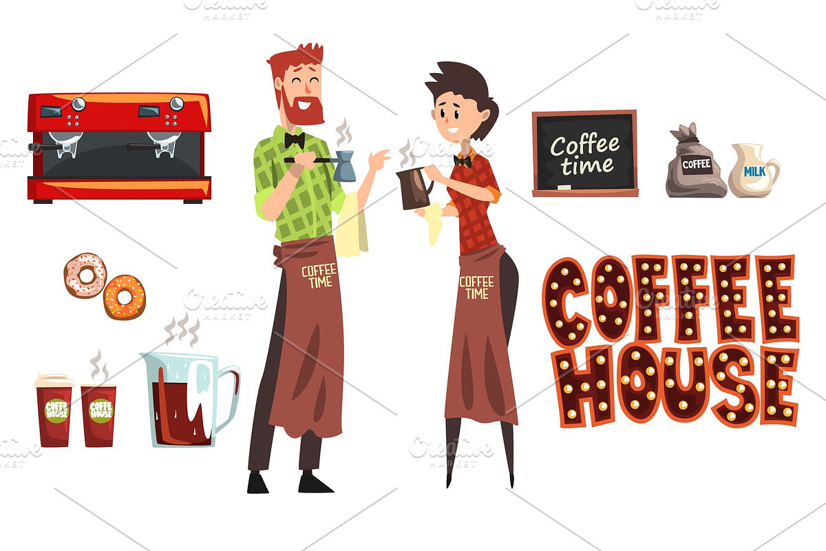 Smiling bearded man with cezve and woman barista with cup. Coffee shop workers wearing plaid shirts and aprons. Coffee maker, milk, donuts, cafe sign. Flat vector in Illustrations - product preview 8