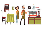 Happy man and woman barista wearing plaid shirts. Set with design elements of coffee shop equipment table, chair, cups and mugs, coffee machine, cezve. Flat vector