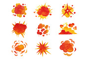 Explosions set, fire explosion effect watercolor vector Illustrations