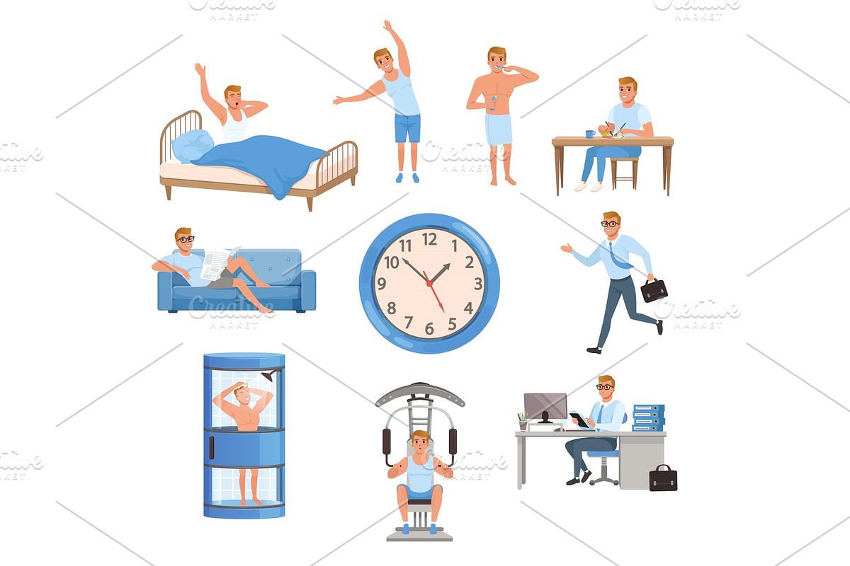 Man in different situations. Day time. Waking up, doing exercises, brushing teeth, eating, resting on sofa, running on work, taking shower, training at gym, working. Flat vector in Illustrations - product preview 8