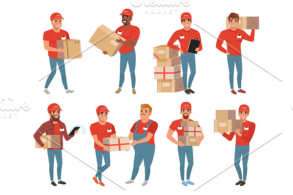 Set of postal workers in different poses. Courier or delivery service. Men characters with parcels packages boxes. Cheerful people in red uniform. Flat vector design