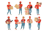 Set of postal workers in different poses. Courier or delivery service. Men characters with parcels packages boxes. Cheerful people in red uniform. Flat vector design