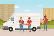 Man with mustache giving parcel to young courier. Delivery service car. Workers in red uniform. Green park and city landscape on background. Flat vector design