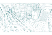 City street Intersection traffic jams road 3d drawing. Blue lines outline contour style Very high detail projection view. A lot cars end buildings top view Vector illustration