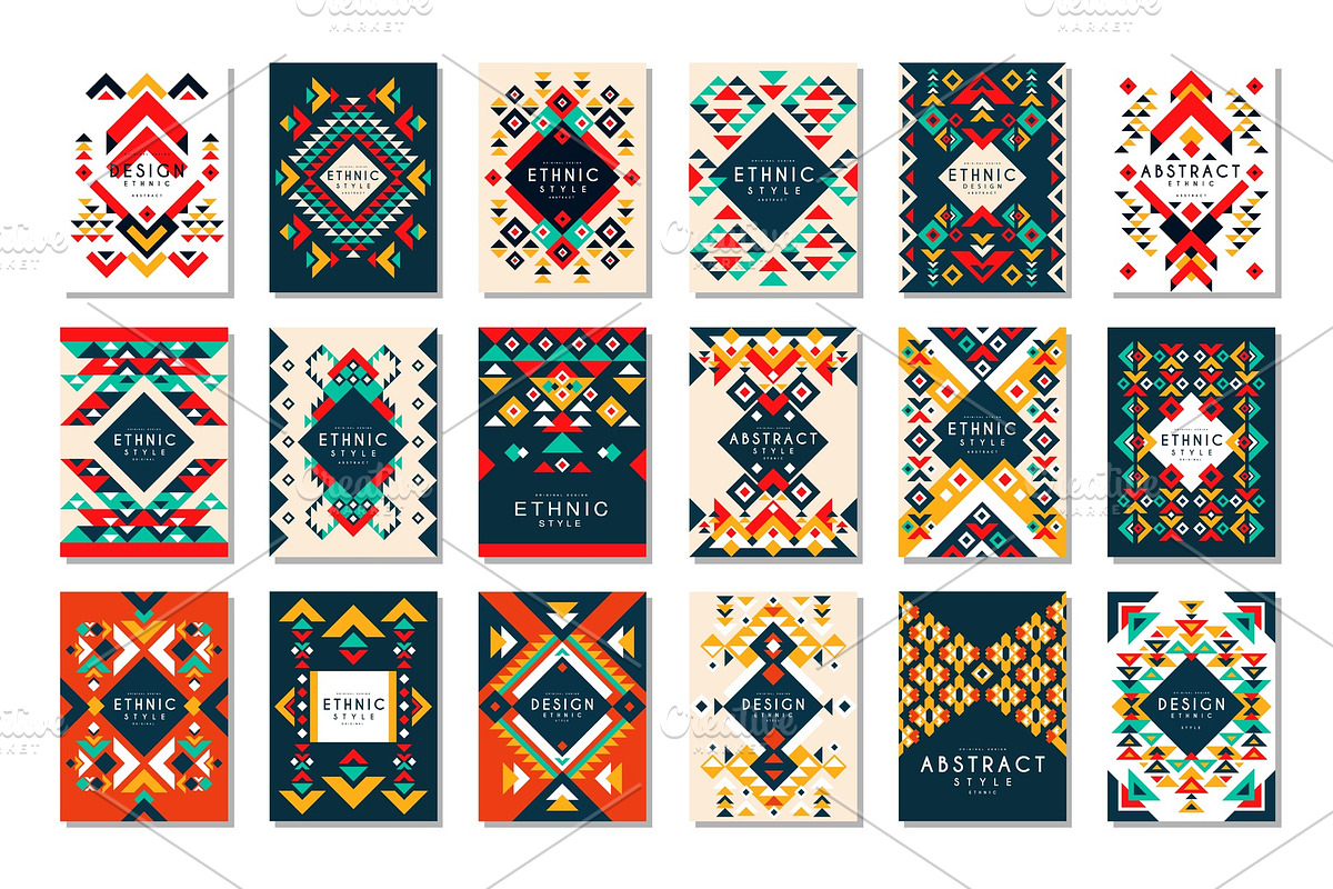 Colorful vector set of 9 card templates with geometric shapes. Abstract ethnic pattern. Elements for brochure, flyer or poster in trendy flat style in Objects - product preview 8