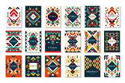 Colorful vector set of 9 card templates with geometric shapes. Abstract ethnic pattern. Elements for brochure, flyer or poster in trendy flat style