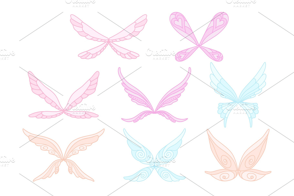 Vector collection of pink, blue and purple fairy s magic wings. Decorative elements for children s book, postcard, print design. Colorful flat vector icons in Objects - product preview 8