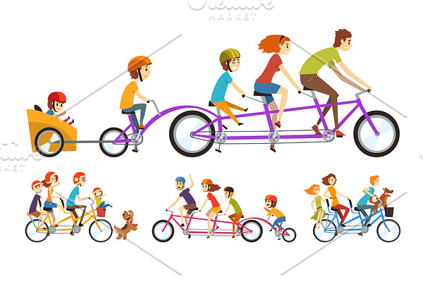 Two happy families riding on tandem bicycles with three seats and basket. Parenting concept. Recreation with kids. Cartoon people characters. Flat vector design