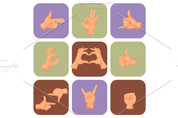 Hands deaf-mute gestures human pointing arm people gesturing communication message vector illustration.