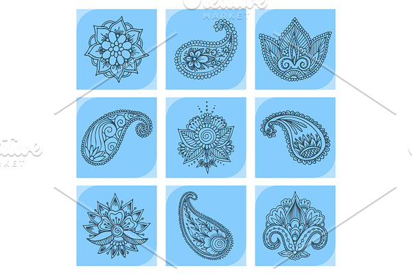 Henna tattoo mehndi flower doodle ornamental decorative indian design pattern paisley arabesque mhendi embellishment vector.