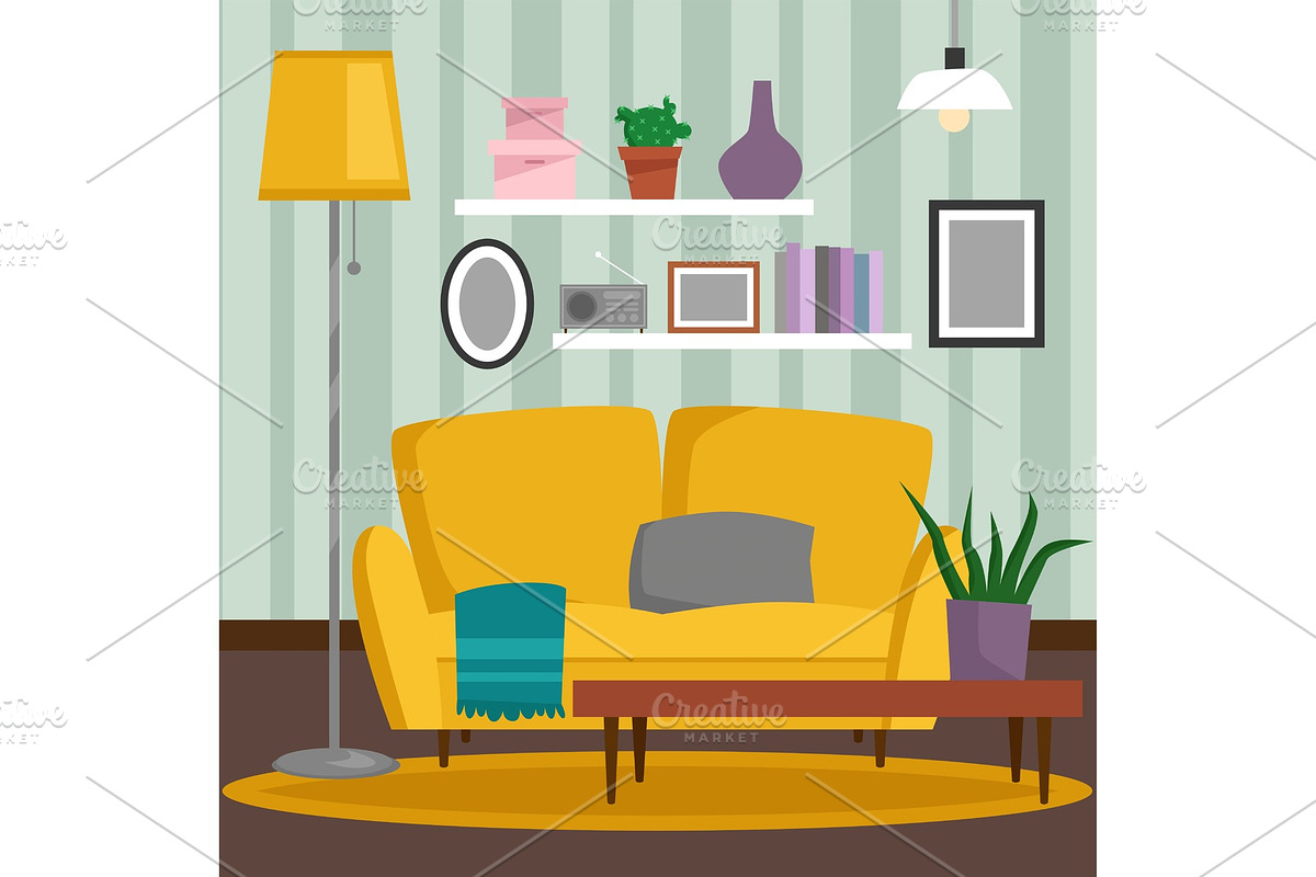 VIP vintage interior furniture rich wealthy house room with sofa set brick wall background vector illustration. in Objects - product preview 8