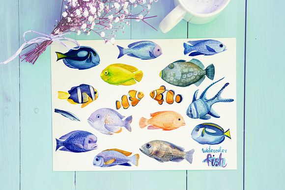 Marine life, watercolor fish in Illustrations - product preview 8