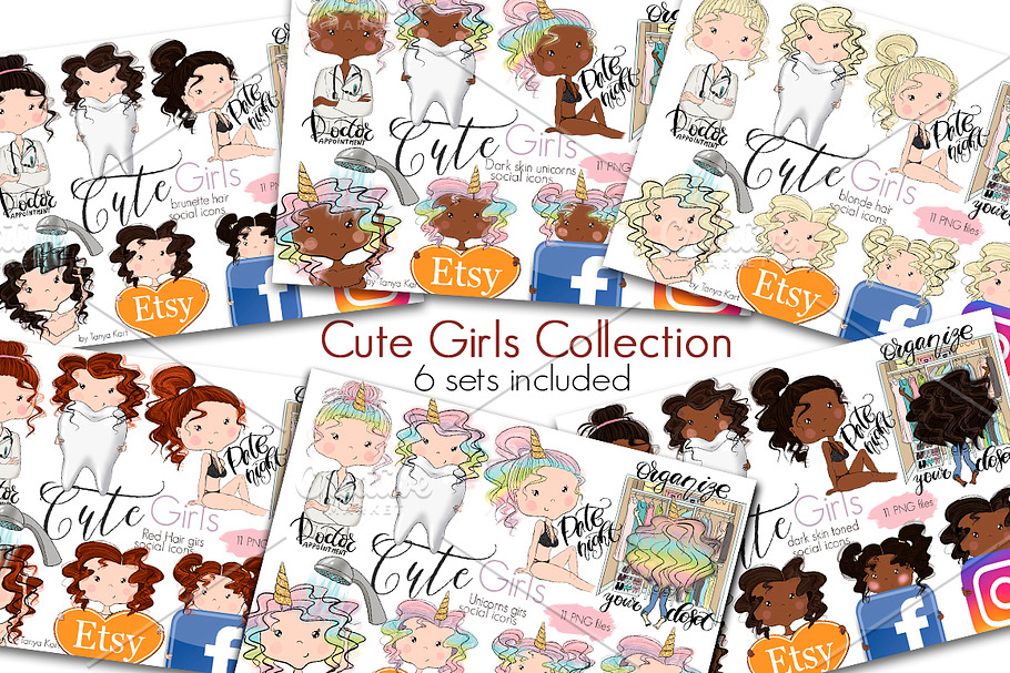 Collection Cute Girls Social Icons in Illustrations - product preview 8