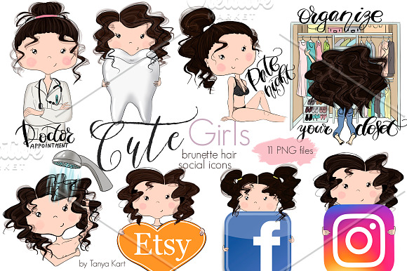 Collection Cute Girls Social Icons in Illustrations - product preview 2